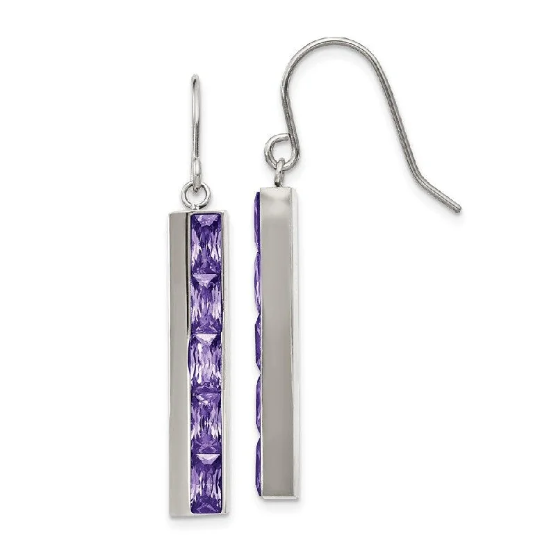 Elegant Bead Earrings-Stainless Steel Polished with Purple CZ Shepherd Hook Earrings