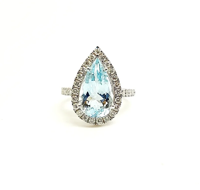 Pear-Shaped Diamond Rings-Pear Cut Aquamarine and Diamond Halo Cocktail Ring in 14k White Gold