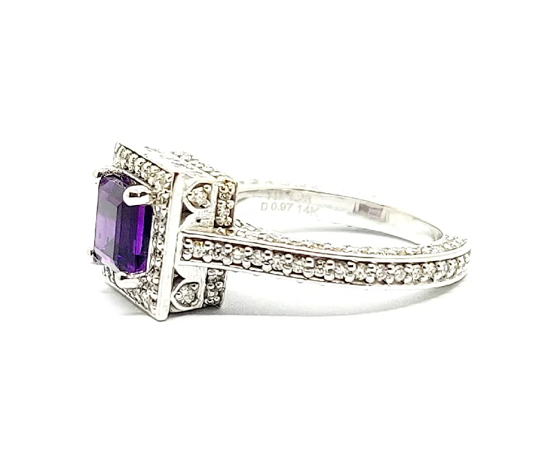 Unique Diamond Rings-Micropavé  Hidden Halo Ring with Princess cut Amethyst and Diamond