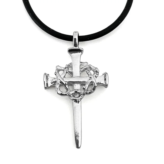 Romantic Necklaces for Couples-Crown Of Thorns Nail Cross Necklace Rhodium Finish