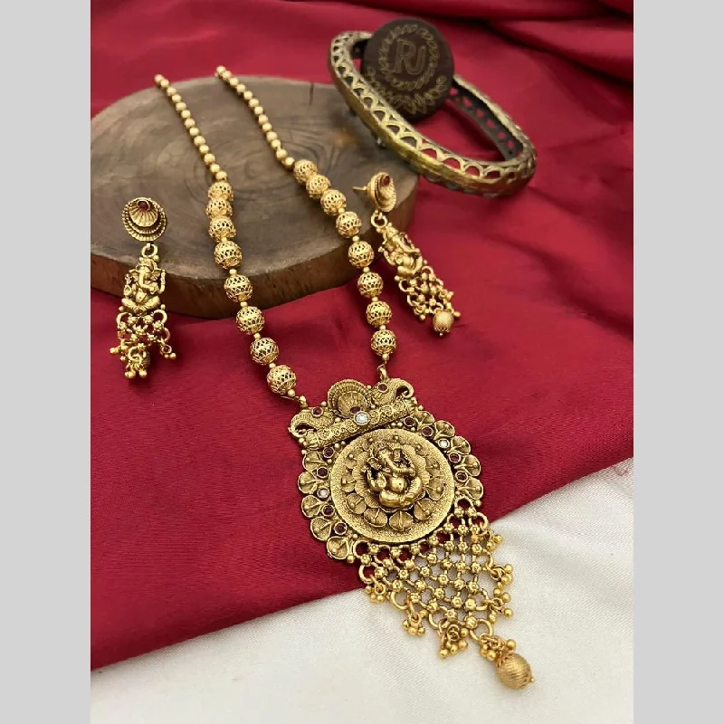 Designer Heart Necklaces-FS Collection Gold Plated Pota Stone And Pearls Lord Ganesha Necklace Set