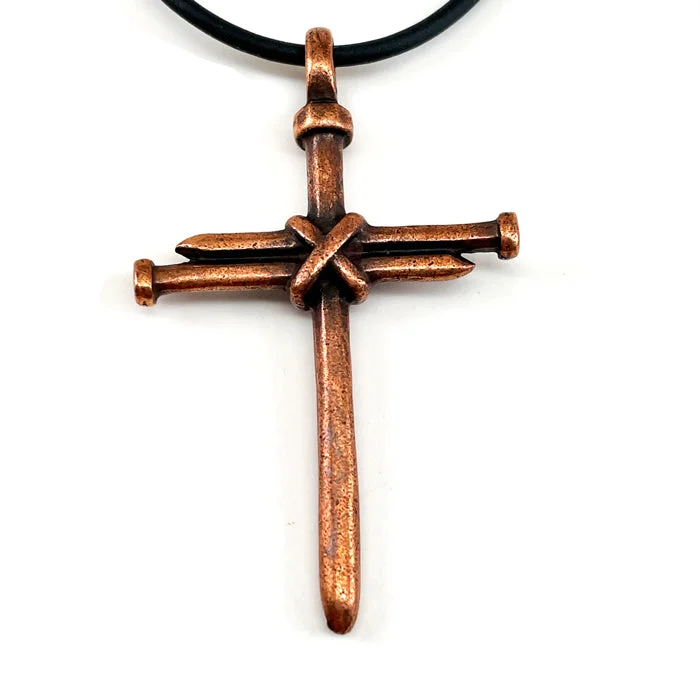 Long Pendant Necklaces-Nail Cross Antique Copper Finish Black Rubber Necklace