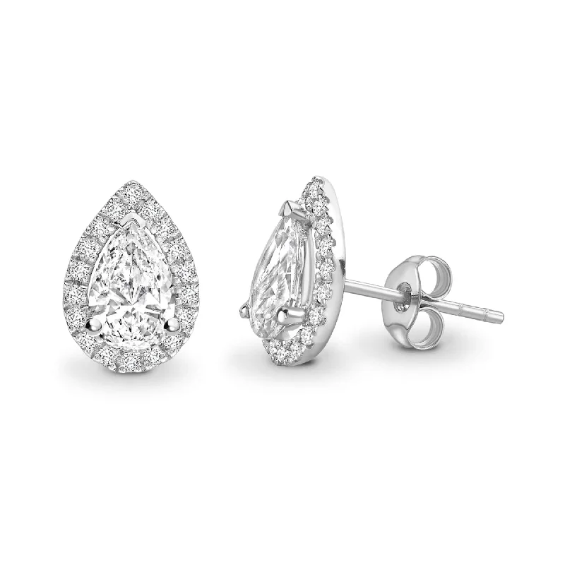 Precious Stone Earrings-PEAR DIAMOND HALO STUD EARRINGS