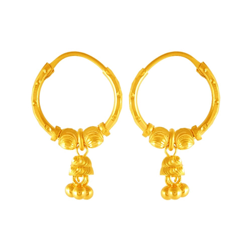 Fashionable Drop Earrings-22KT (916) Yellow Gold Lightweight Hoop Earrings With Tiny Jhumka Drops