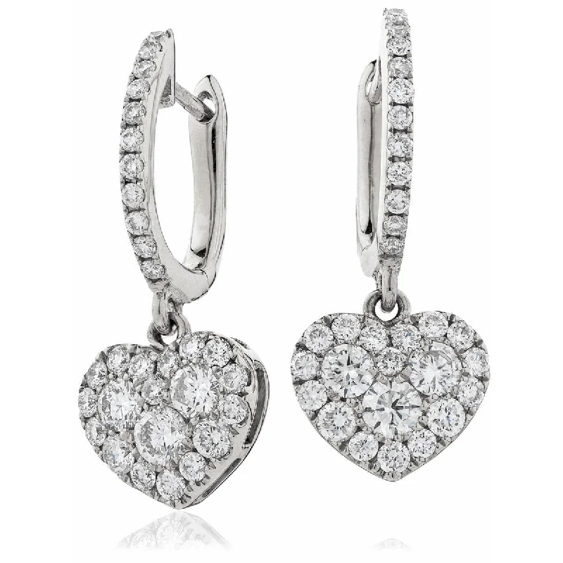 Cute Flower Earrings-DIAMOND HEART-SHAPED CLUSTER HOOP DROP EARRING IN 18K WHITE GOLD