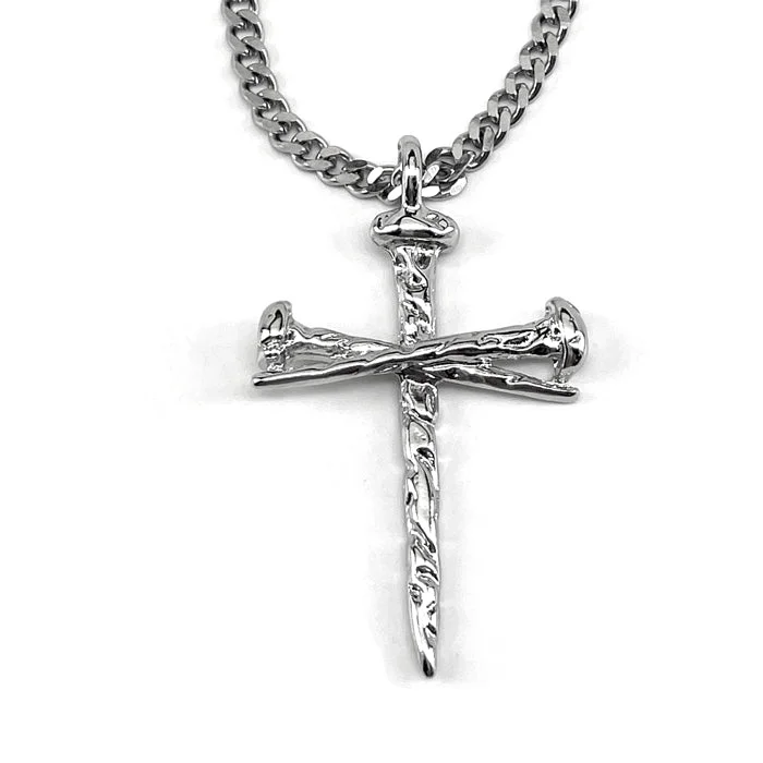 Diamond Pendant Necklaces-Rugged Antique Nail Cross Necklace Rhodium Silver Finish Chain