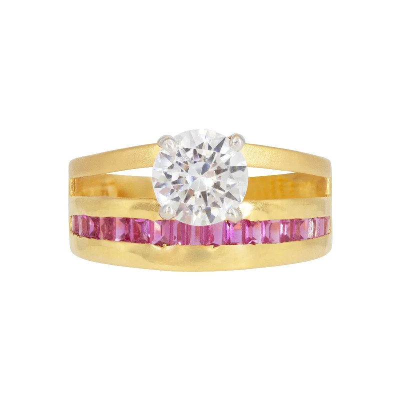 Trendy Stackable Rings-22K Yellow Gold Ring W/ Cubic Zirconia Solitaire & Ruby Baguettes