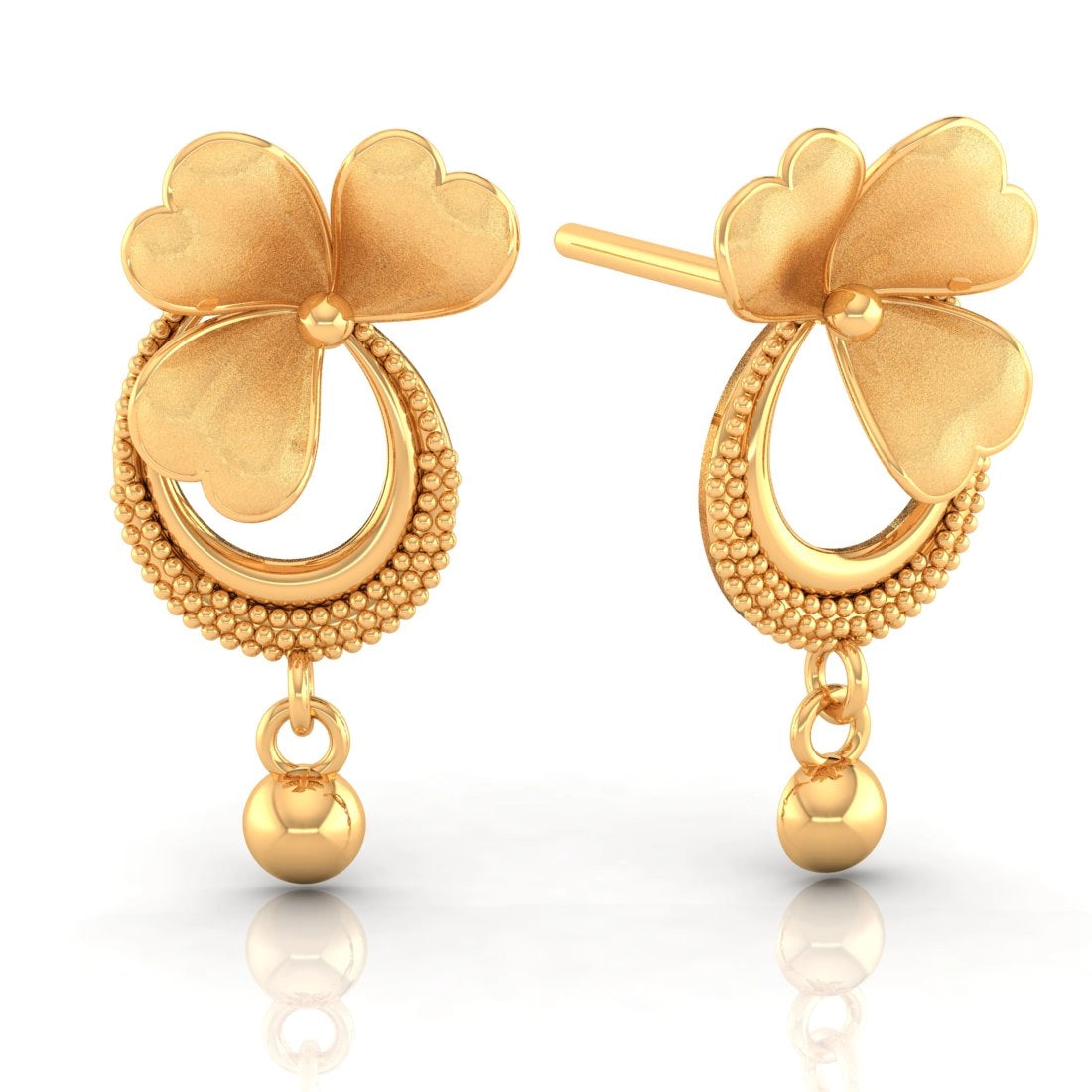 Luxury Diamond Earrings-22KT (916) Yellow Gold Drop Earrings With Crescent Design, Flower Accents, And Ball Drop