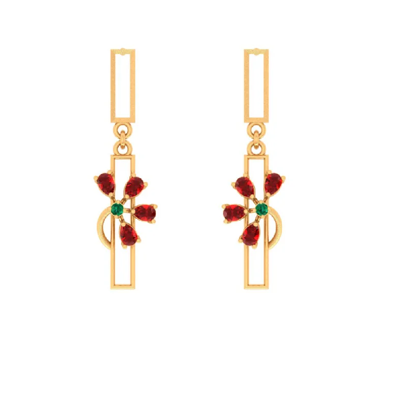 Designer Crystal Earrings-Red Petal Motif Gold Earrings