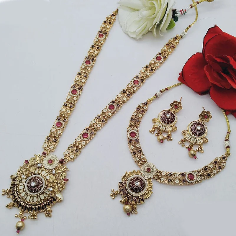 Designer Choker Necklaces-FS Collection Gold Plated Pota Stone Double Meenakari Necklace Set