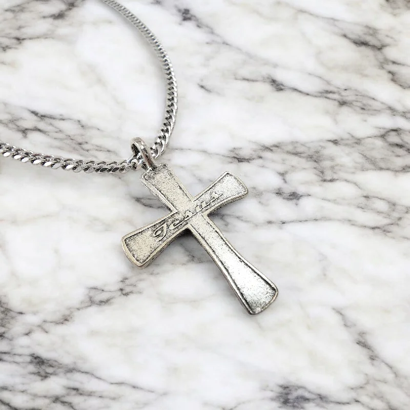 Custom Silver Necklaces-Cross Jesus Antique Silver Finish Chain Necklace