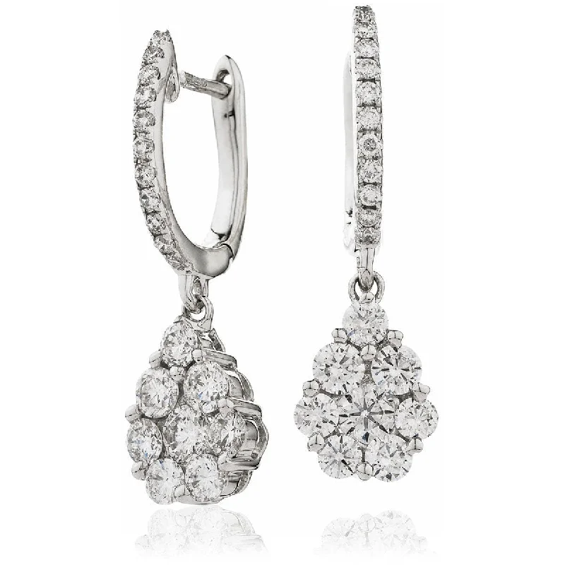 Sterling Silver Earrings-DIAMOND CLUSTER FANCY DROP EARRINGS IN 18K WHITE GOLD