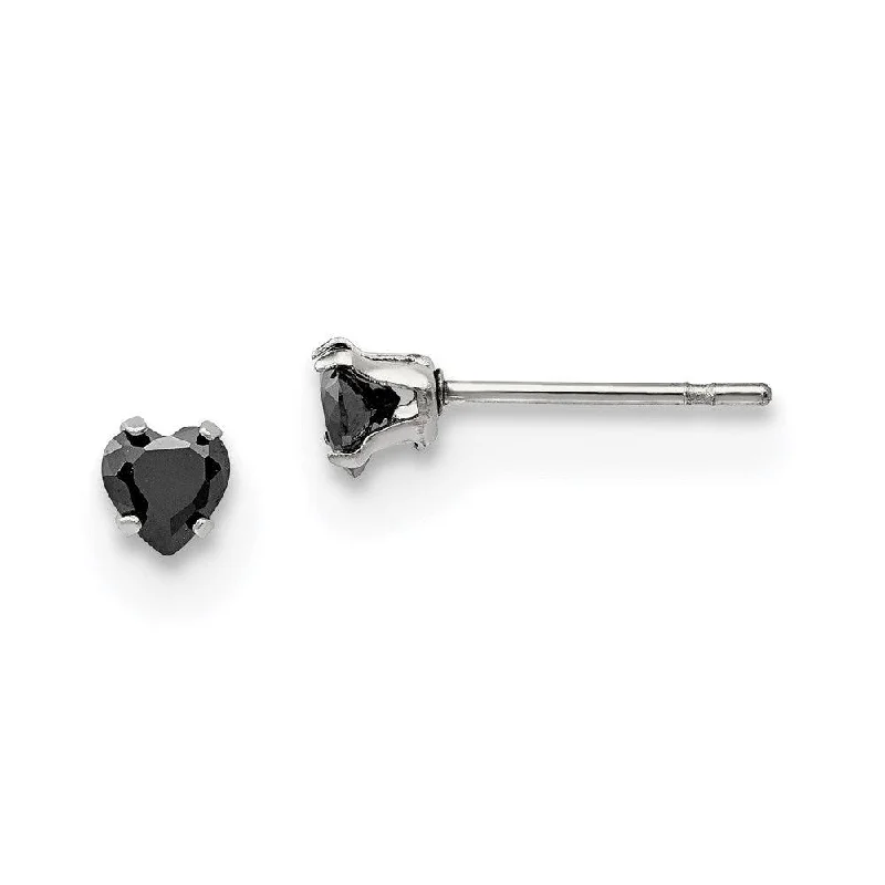 Bright Colored Earrings-Stainless Steel Polished 4mm Black Heart CZ Stud Post Earrings