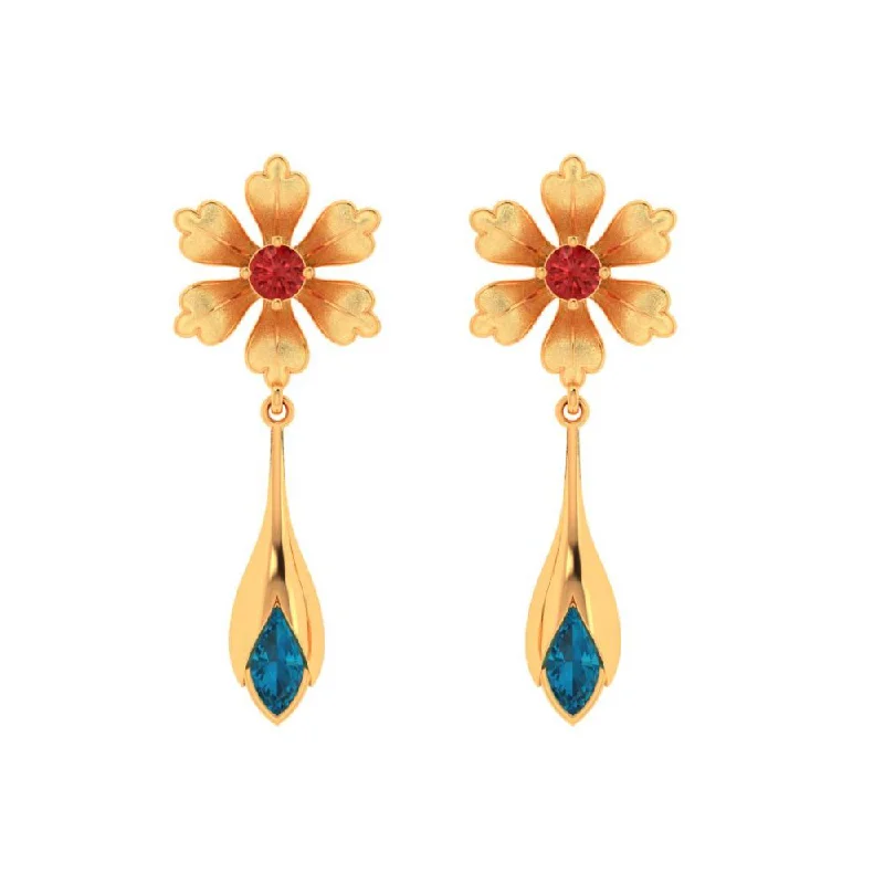 Cute Animal Earrings-Floral Style 18k Gold Blue And Red Gems Earrings