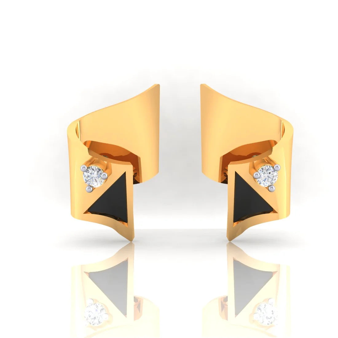 Bright Silver Earrings-22k (916) Gold Earrings Curved Triangle Studs With Black Meena And Embedded Stones