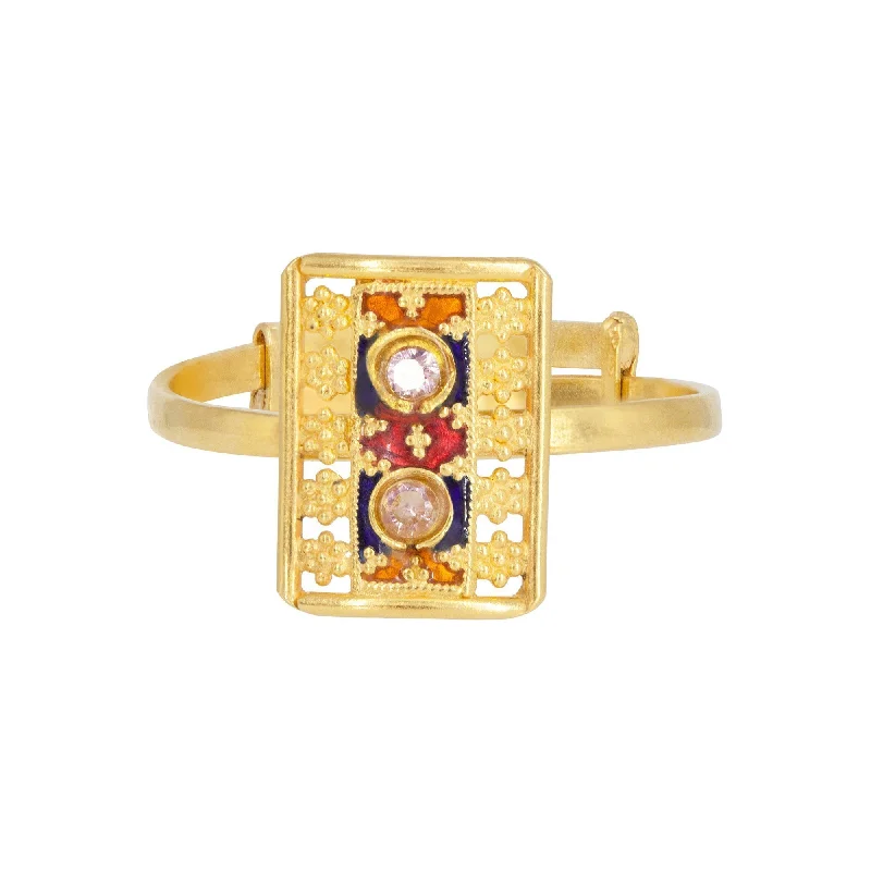 Elegant Rose Gold Rings-22K Yellow Gold Ring W/ Double Cubic Zirconia & Enamel in Flower Pattern