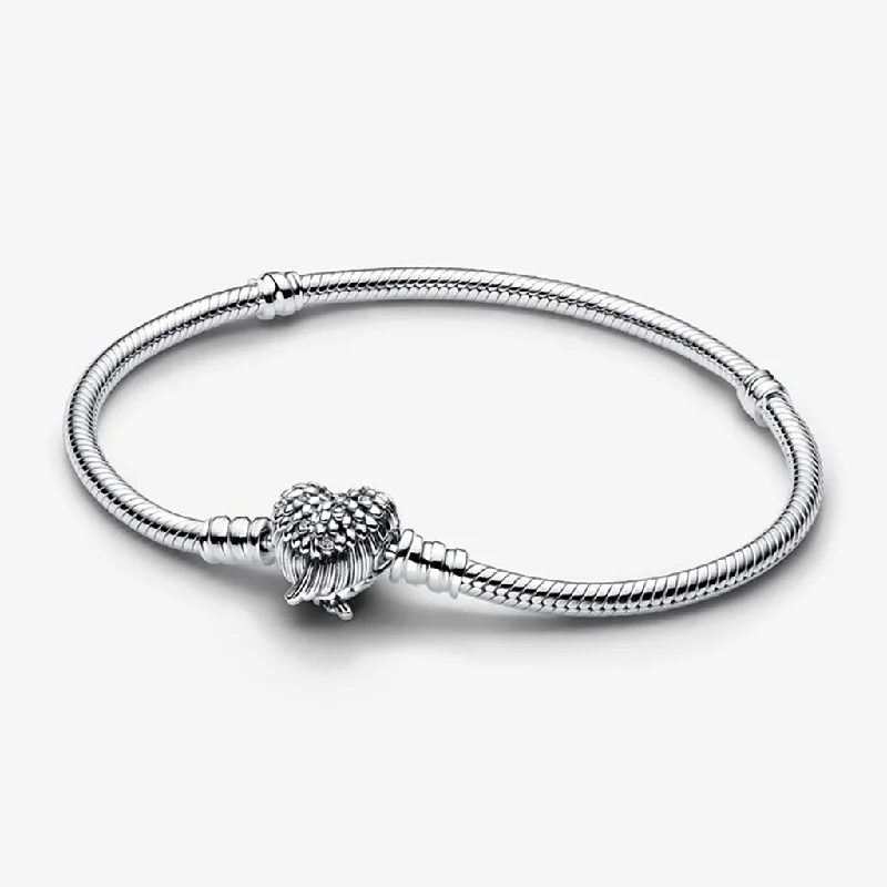 Silver Wedding Bracelets-PANDORA : Heart Wings Clasp Snake Chain Bracelet