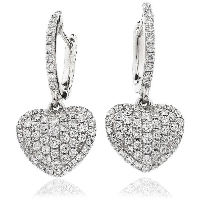 Colorful Hoop Earrings-DIAMOND HEART SHAPE AND PAVE SETTING DROP EARRINGS IN 18K WHITE GOLD