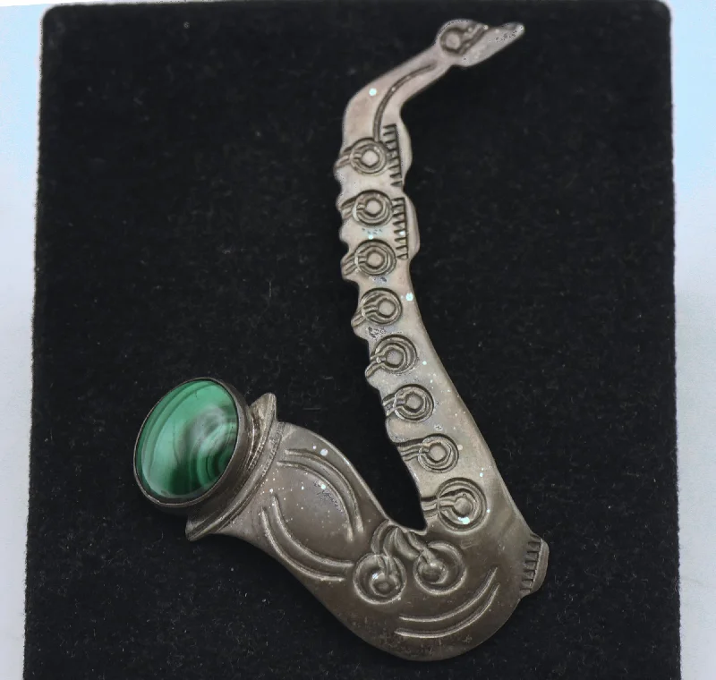 Unique Flower Brooch-Grady Alexander - Vintage Handmade Sterling Silver and Malachite Saxophone Brooch