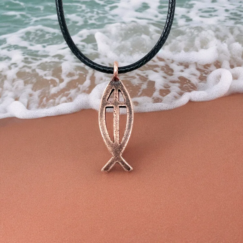 Pearls and Diamonds Necklaces-Cross Ichthus Jesus Fish Copper Finish Black Cord Necklace