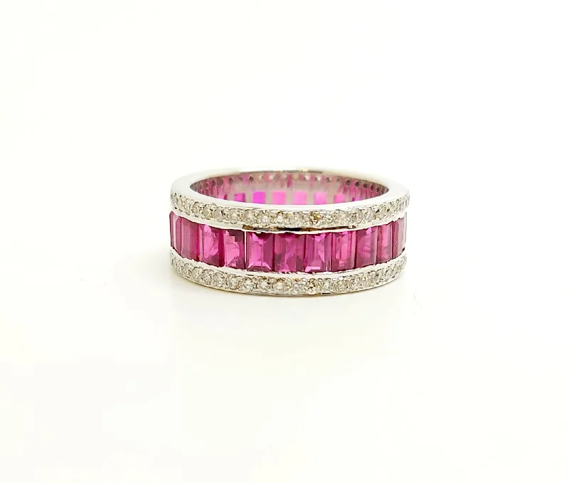 Colorful Gemstone Wedding Rings-Ruby Baguette And Diamond Ring In 14k White Gold Ad No 2801