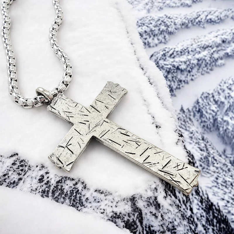 Elegant Wedding Necklaces-Hammered Cross Antique Silver Metal Finish Heavy Chain Necklace