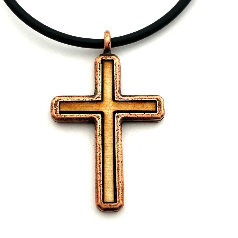 Vintage Style Choker Necklaces-Cross Wood Inlay Antique Copper Pendant Necklace