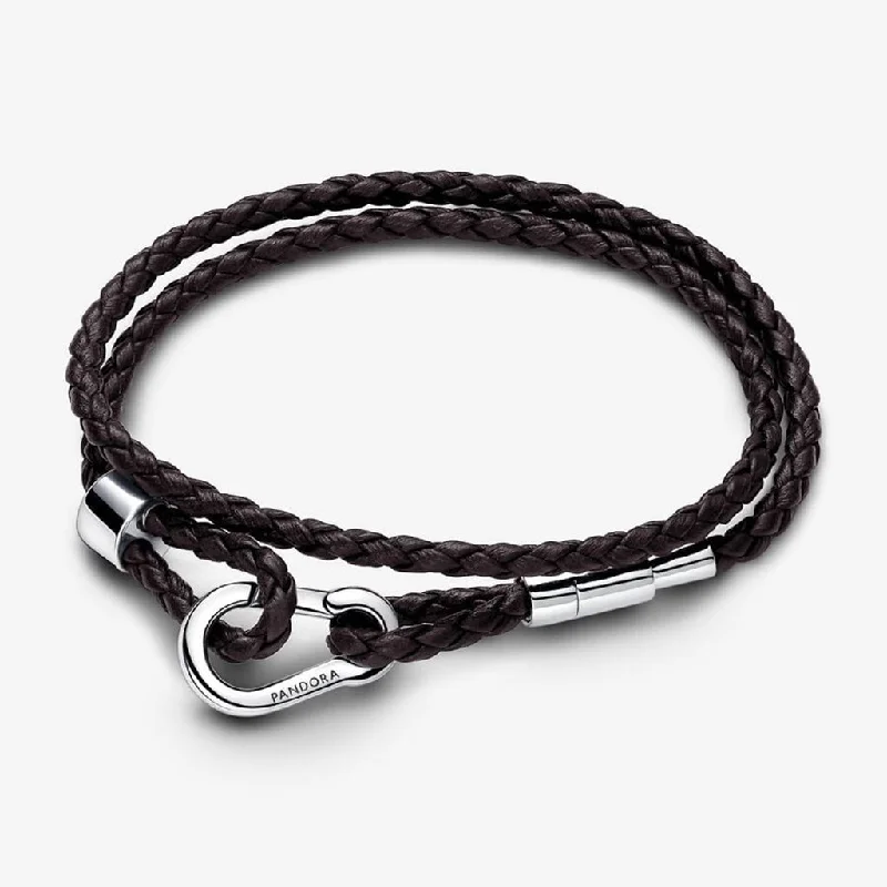 Chunky Cuff Bracelets-PANDORA : Pandora Moments Brown Braided Double Leather Bracelet