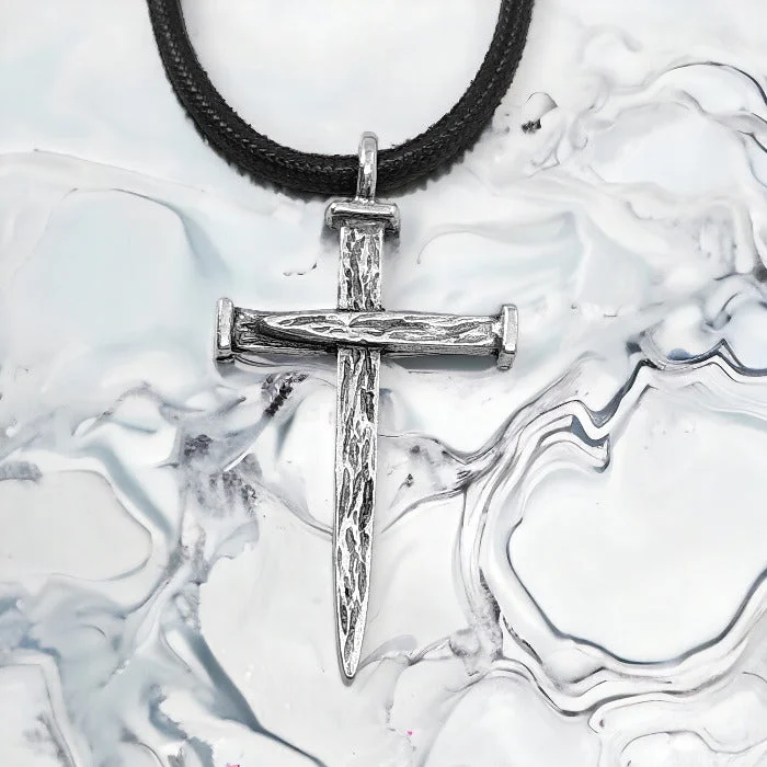 Unique Infinity Necklaces-Nail Cross Large Rugged Antique Silver Finish Pendant Black Cord Necklace