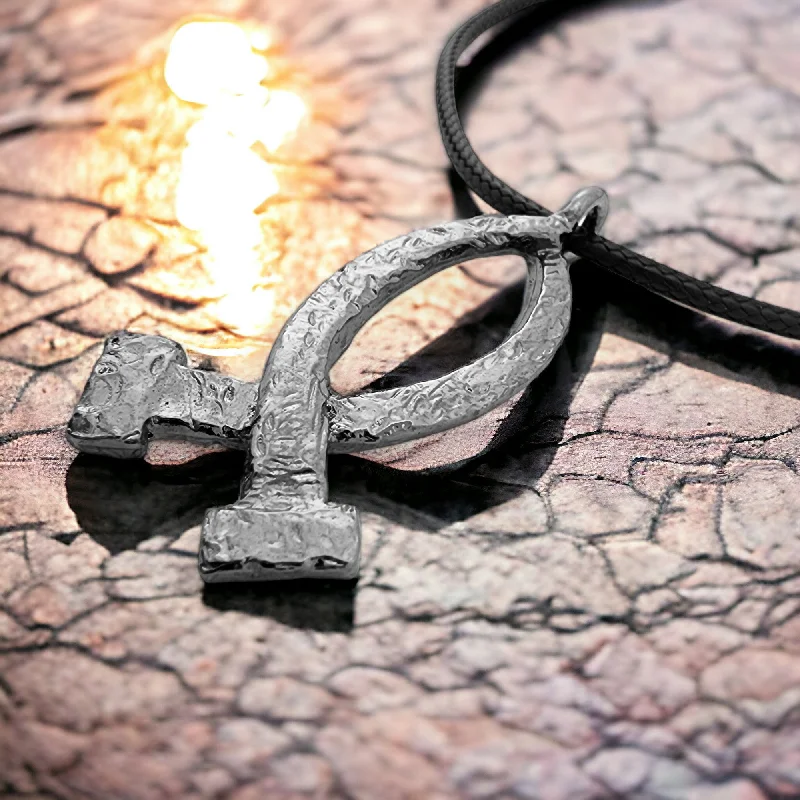 Customized Jewelry Necklaces-Ichthus Dark Metal Finish Fish Hammered Nails Large Black Cord Necklace