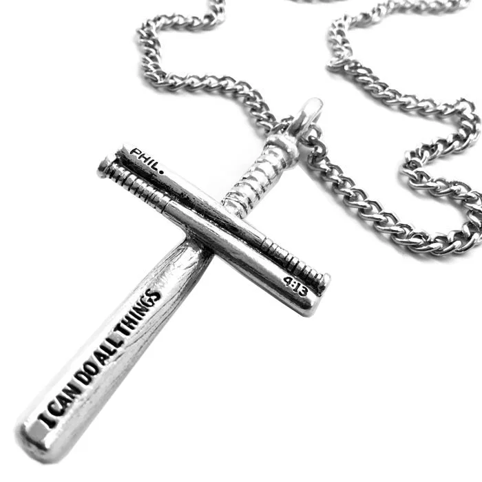 Handcrafted Silver Necklaces-Baseball Bat Cross Necklace Pewter on chain