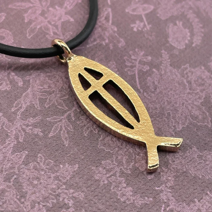 Zodiac Sign Necklaces-Cross Ichthus Jesus Fish Gold Finish Black Cord Necklace