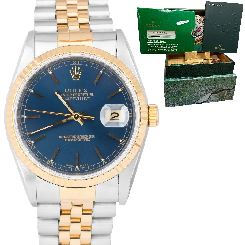 Unique Fashion Watches for Women-Rolex DateJust 36mm Blue Two-Tone 18K Gold NO-HOLES CASE Jubilee Watch 16233 B+P