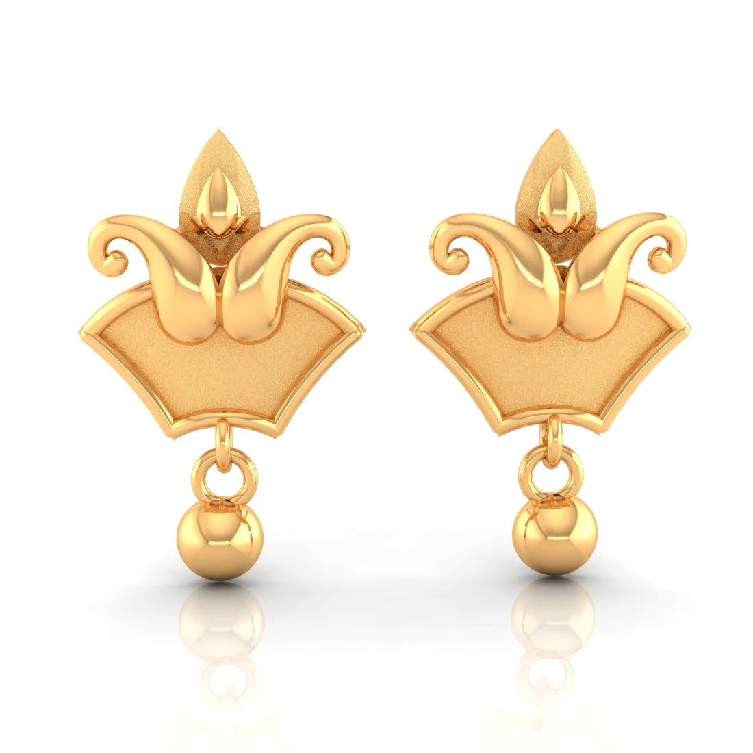 Crystal Drop Earrings-22KT (916) Yellow Gold Stud Earrings With Floral Trio & Swinging Bead