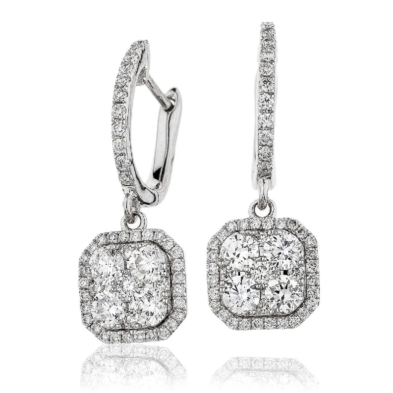 Customizable Earrings for Gifts-DIAMOND CLUSTER AND HALO DROP EARRINGS IN 18K WHITE GOLD