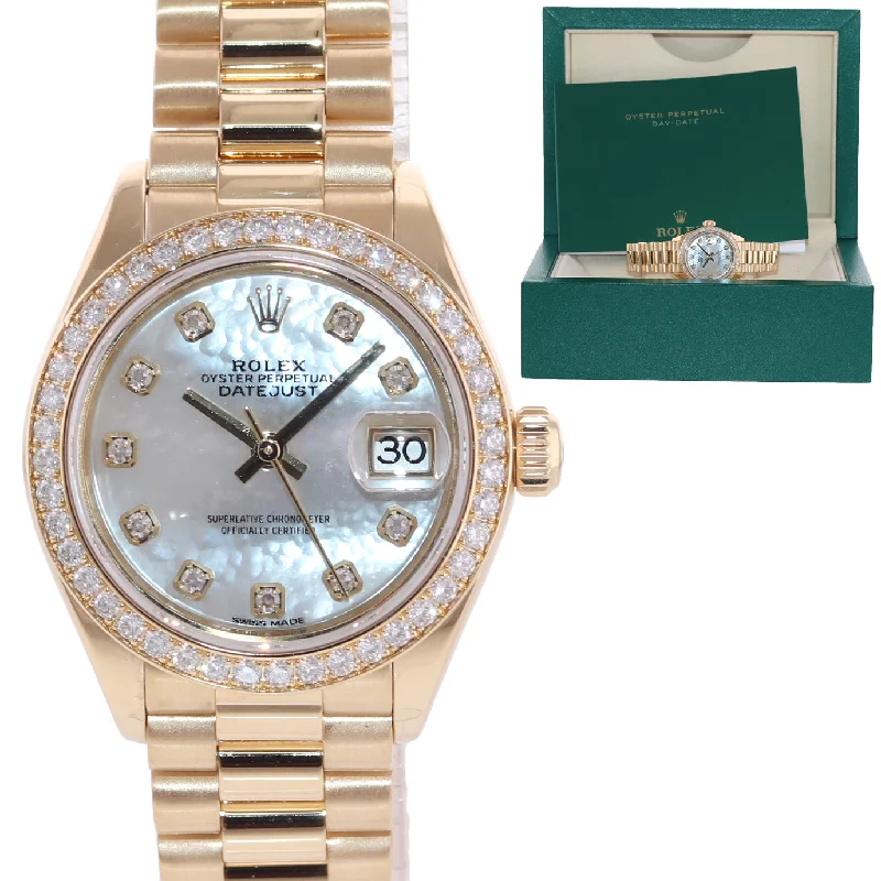 Luxury Leather Band Watches for Men-Ladies Rolex DateJust MOP Mother of Pearl Gold Diamond President Watch 279138 Box