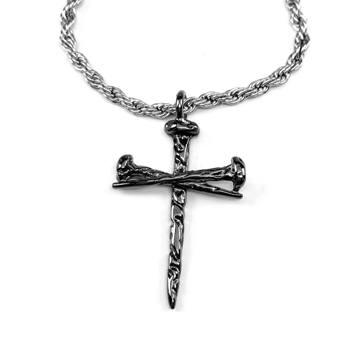 Custom Gemstone Necklaces-Nail Cross Gunmetal Finish Pendant Necklace Silver Rope Chain