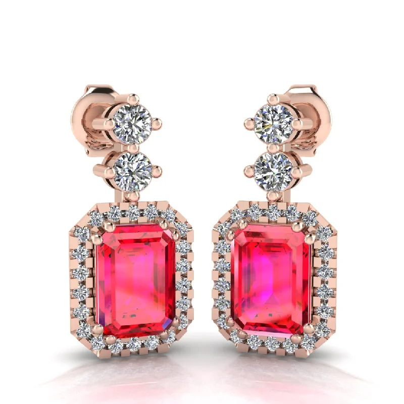 Customized Initial Earrings-Emerald Cut 1 Carat Ruby Lab Grown Diamond Halo Drop Earrings E1ECR