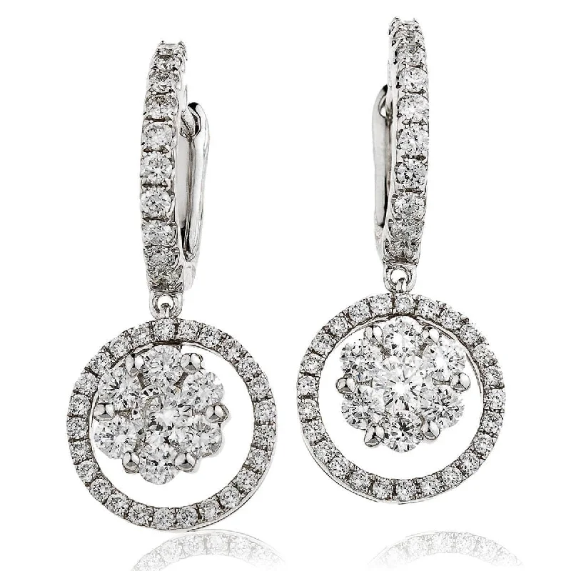 Luxury Diamond Earrings-DIAMOND CLUSTER AND HALO HOOP DROP EARRING IN 18K WHITE GOLD