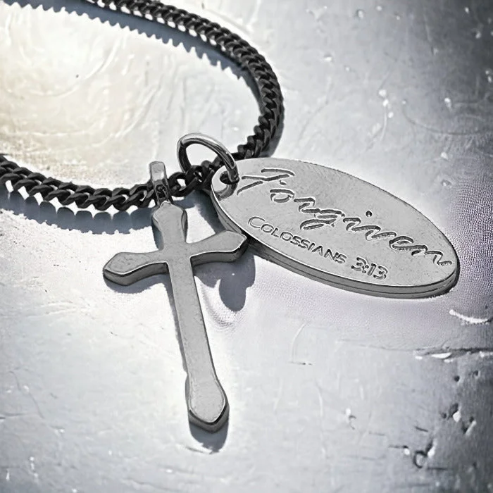 Double Layer Necklaces-Cross Dark Metal Finish Forgiven Tag Dark Curb Chain Necklace