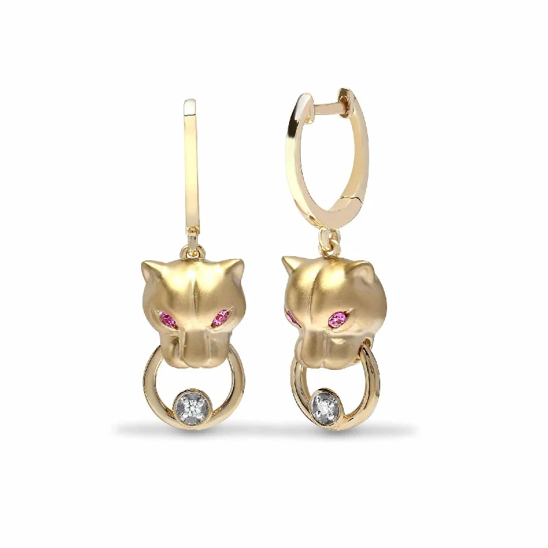 Custom Birthstone Earrings-PINK SAPPHIRE AND DIAMOND PANTHER STUD EARRINGS IN 9K YELLOW GOLD