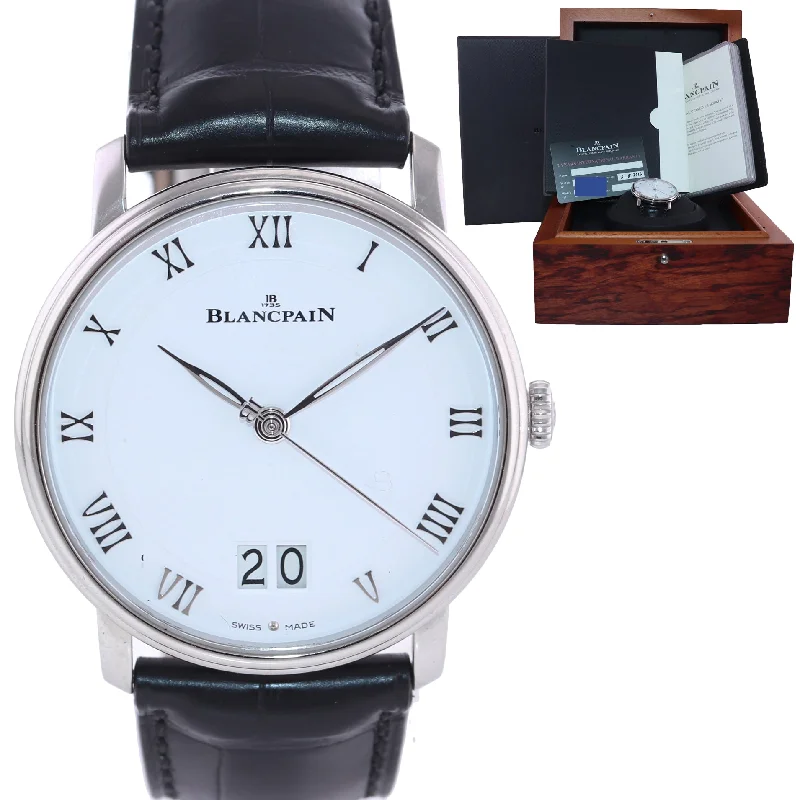 Men’s Watches with Date Feature-PAPERS Blancpain Villeret Large Date 6669 1127 55B Steel 40mm White Roman Watch