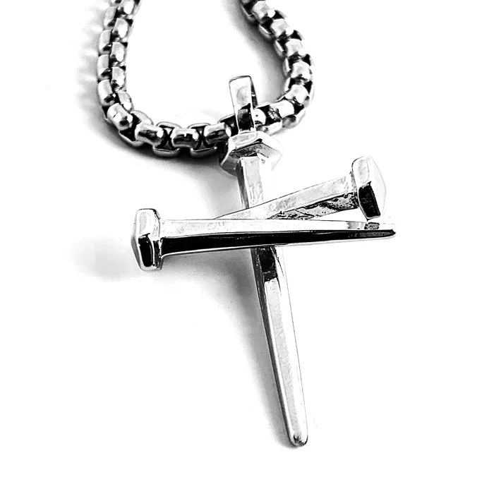 Handmade Necklaces Online-Nail Cross Pendant Necklace Rhodium Silver Finish Heavy Chain