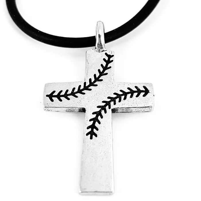 Elegant Rose Gold Necklaces-Baseball Stitch Cross Necklace on Black Rubber