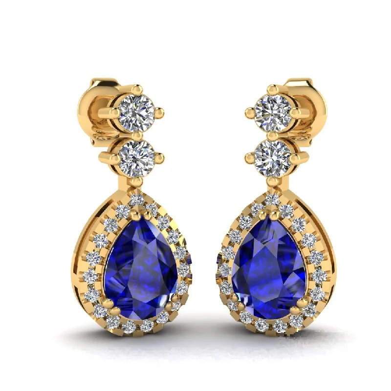 Geometric Gold Earrings-Sapphire 1.30 Carat Pear Shape Halo Natural Diamond Drop Earrings E1PSS