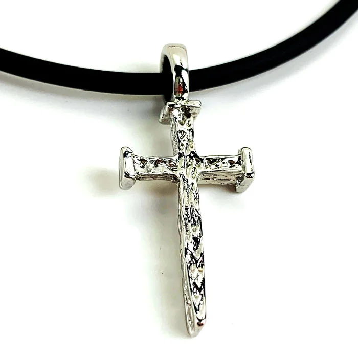 Trendy Gold Necklaces-Rugged Nail Cross Necklace Rhodium Metal Finish