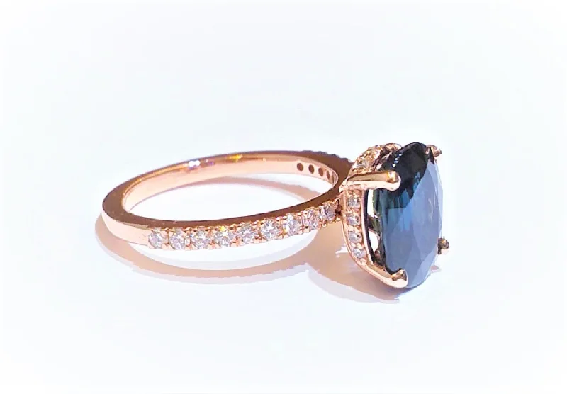 Classic Gemstone Engagement Rings-Blue sapphire and Diamond Statement Ring in 14k Rose Gold