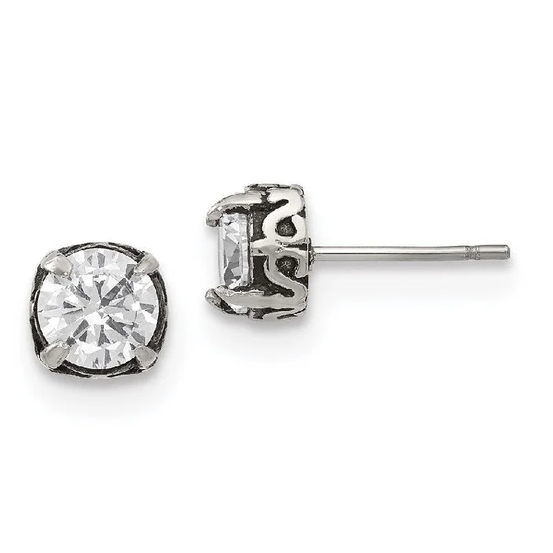 Simple Stud Earrings for Daily Wear-Stainless Steel Antiqued and Polished CZ Post Earrings