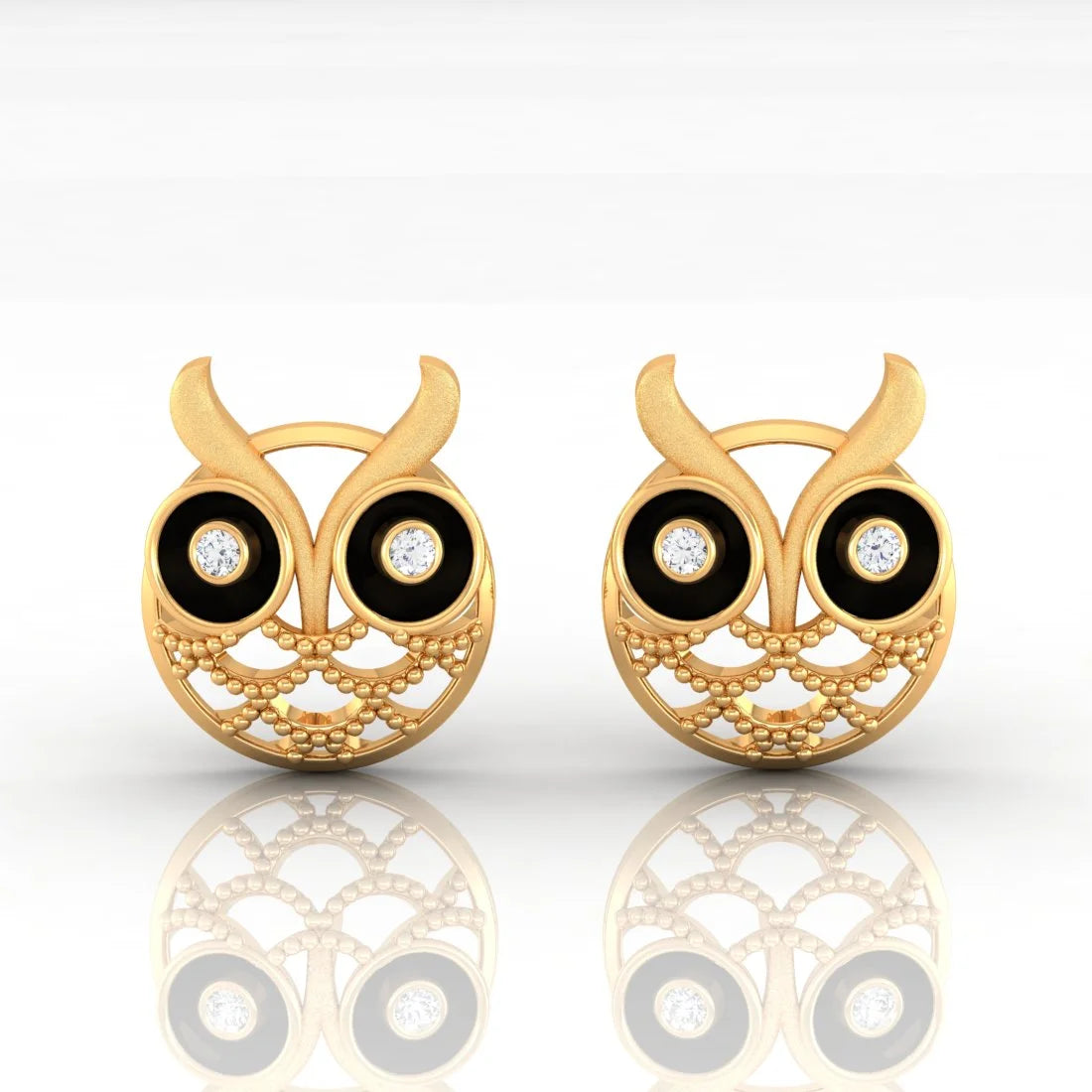 Handcrafted Gemstone Earrings-22k (916) Gold Earrings Owl Studs With Black Meena And Embedded Stones