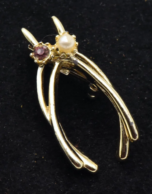 Fashionable Brooch for Evening Wear-Vintage Gold Tone Double Wishbone Brooch